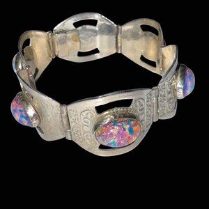 Vintage 1970s Silver 925 Panel Bracelet Faux Opal Beads Cabochons Mexico